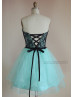 Turquoise Blue Strapless Tulle Lace Short Prom Dress